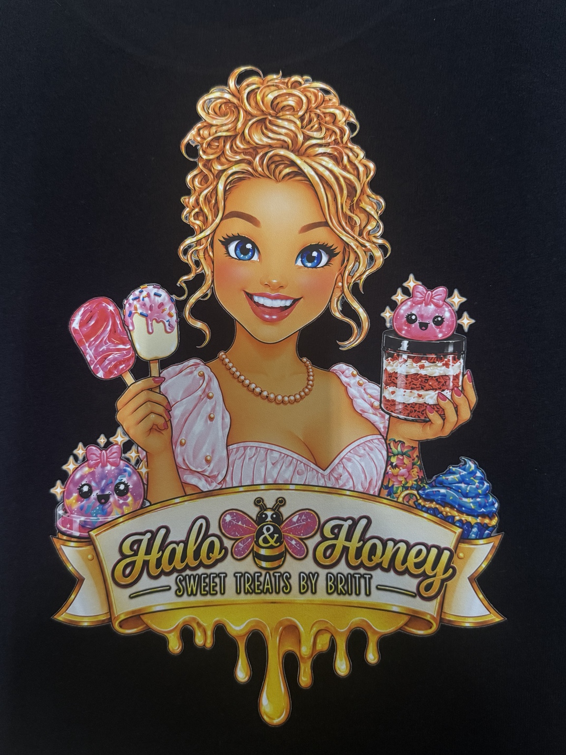 Detailed full-color Halo and Honey artwork printed on a black shirt