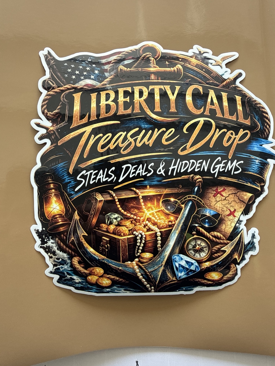 Full-color Liberty Call Treasure Drop printed sticker with a shaped white border
