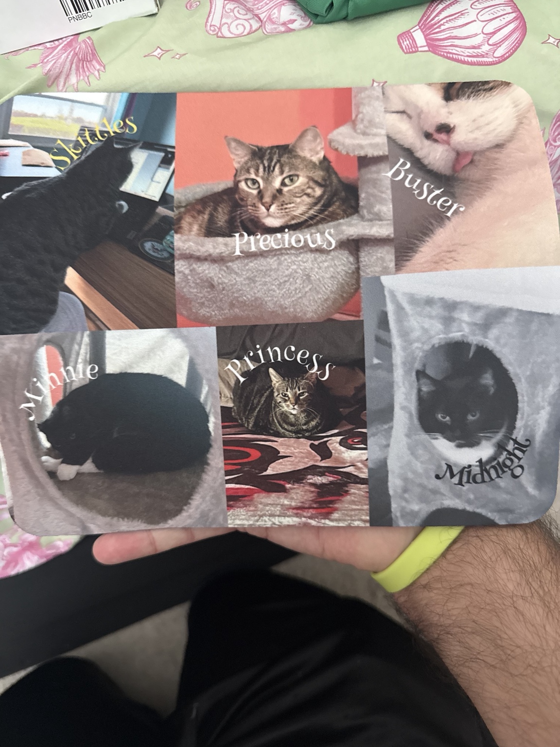 Personalized mouse pad with a collage of six cat photos and their names